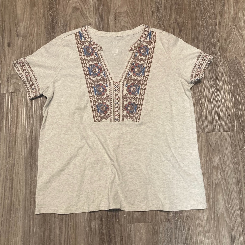 J. Jill Purejill Embroidered Tee Womens Petite Sm Oatmeal Cotton V-Neck Boho Top